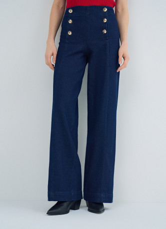 Широкие джинсы высокой посадки с декоративными пуговиицами