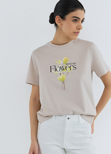 

Футболка с цветочным принтом, Бежевый
