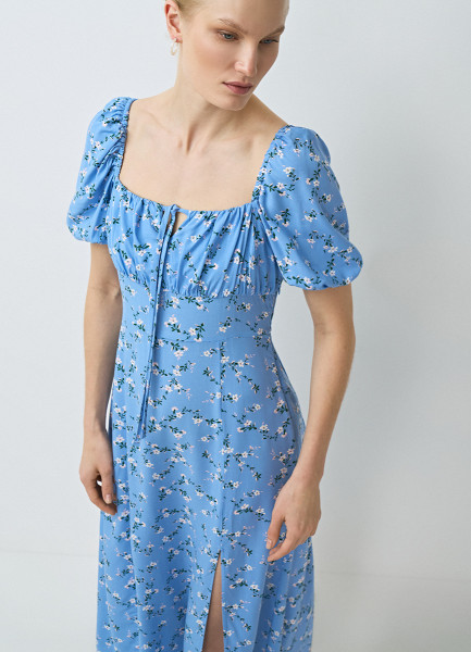 Платье с квадратным вырезом из вискозы, Голубой