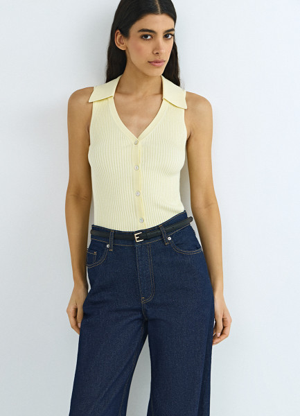 Трикотажный жилет в рубчик с воротником, Желтый