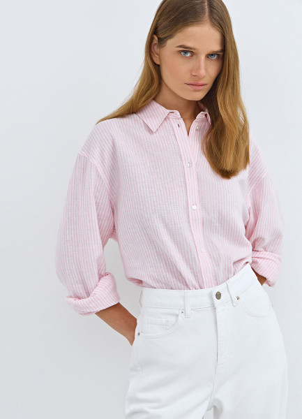 Рубашка из смесового льна в полоску, Розовый