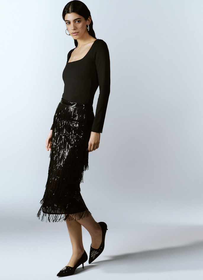 Прямая юбка с бахромой из пайеток