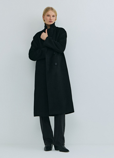 

Длинное двубортное пальто из шерсти, Черный