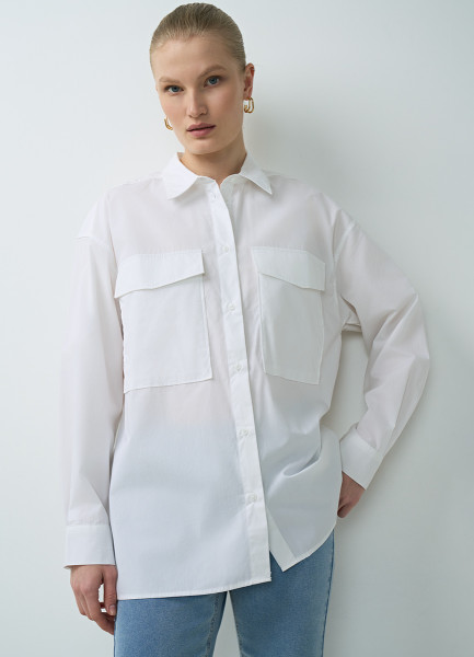 Рубашка с накладными карманами, Белый O`Stin LS4662O02-00 - фото 1
