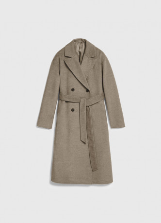 Длинное двубортное пальто с поясом