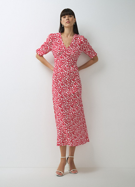 Платье с V-образным вырезом из вискозы, Красный O`Stin LR4674O02-14, размер 48