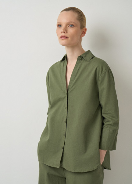 Рубашка из хлопка и льна, Зеленый O`Stin LS4693O02-G7, размер 42 - фото 4