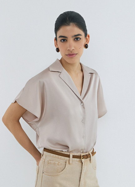 

Сатиновая блузка с коротким рукавом, Бежевый