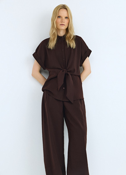 Рубашка с завязками на талии, Коричневый