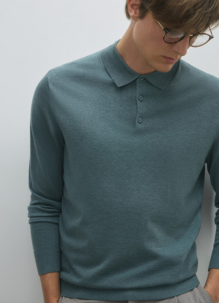 

Вязаный джемпер-поло с длинным рукавом, Голубой