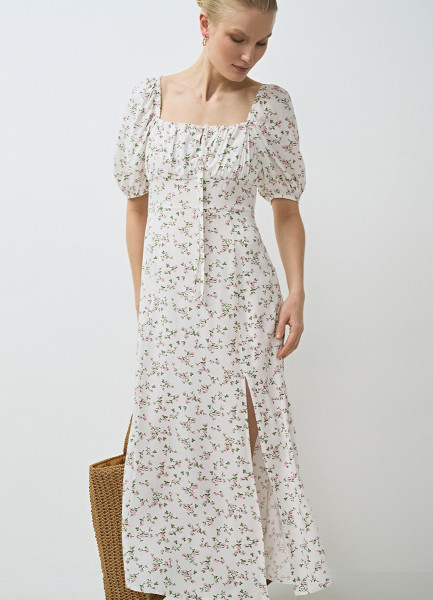 Платье с квадратным вырезом из вискозы, Белый O`Stin LR4671O02-02, размер 42 - фото 1