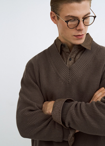 

Текстурный джемпер с V-вырезом, Коричневый