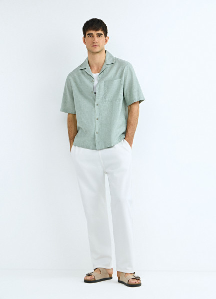 Рубашка изо льна и хлопка с коротким рукавом, Зеленый