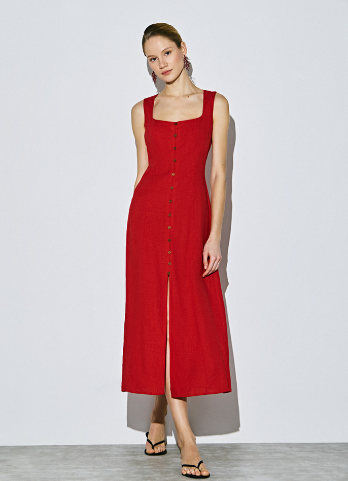 Платье миди из смесового льна с вырезом каре