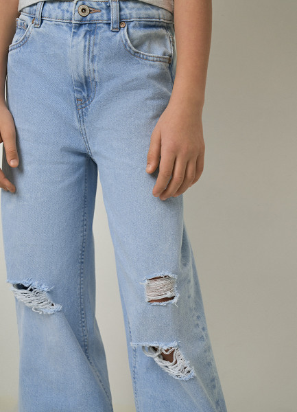 Широкие джинсы с разрывами для девочек, Голубой O`Stin GP4672O02-D6 - фото 4