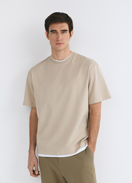 

Футболка из плотного хлопка с контрастными деталями, Бежевый