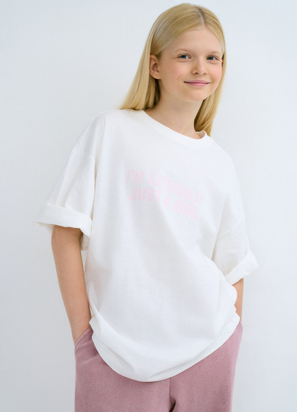 

Футболка оверсайз с принтом для девочек, Белый