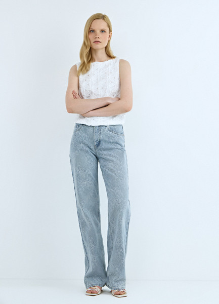 Широкие джинсы на высокой посадке в цветочный жаккард Голубой 4599₽