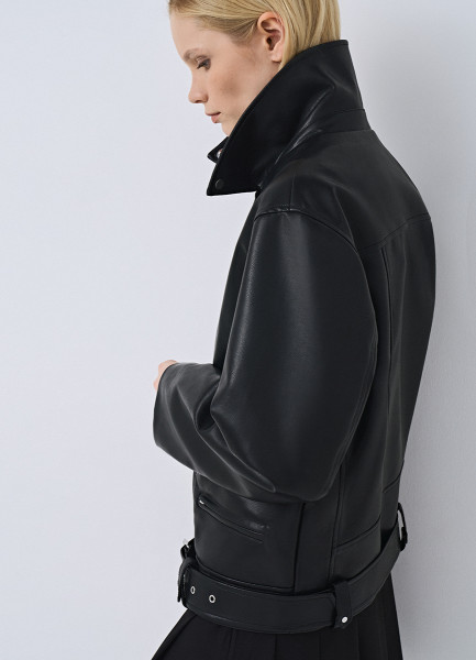 Куртка-косуха из экокожи с поясом, Черный