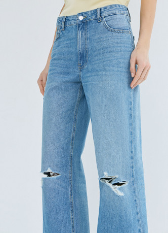 Широкие джинсы с разрезами на коленях