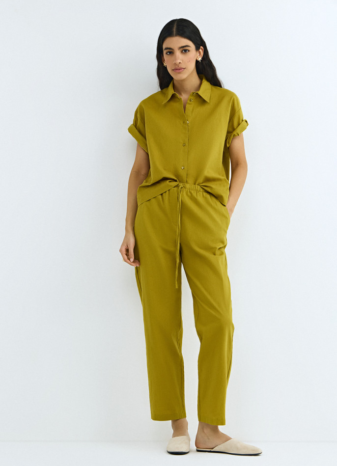 Брюки изо льна с эластичным поясом