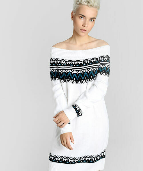 

Вязаное платье с жаккардом и открытыми плечами, Молочный